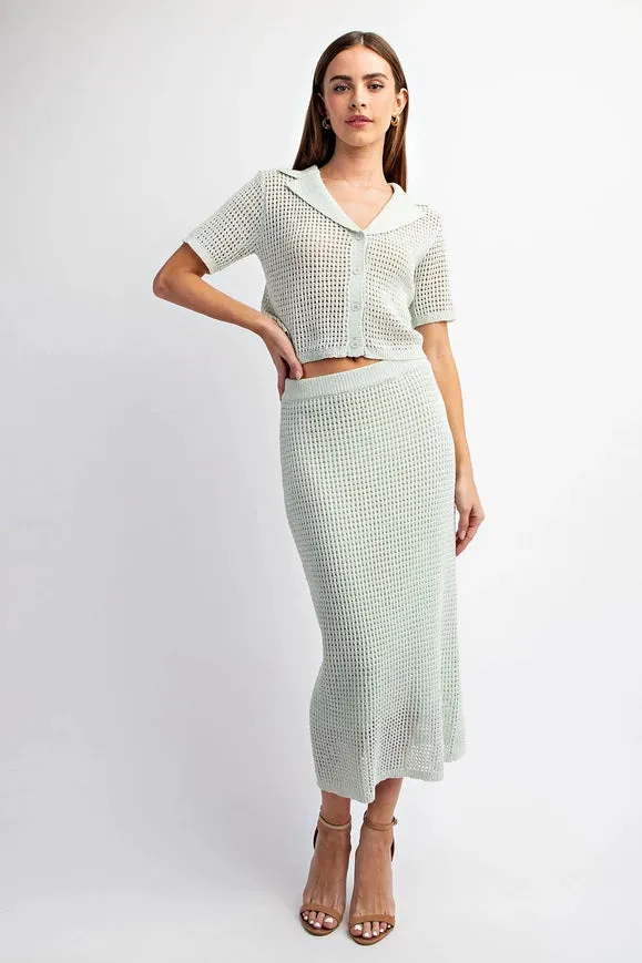 Short Sleeve Open Knit Collared Sweater Top Seafoam