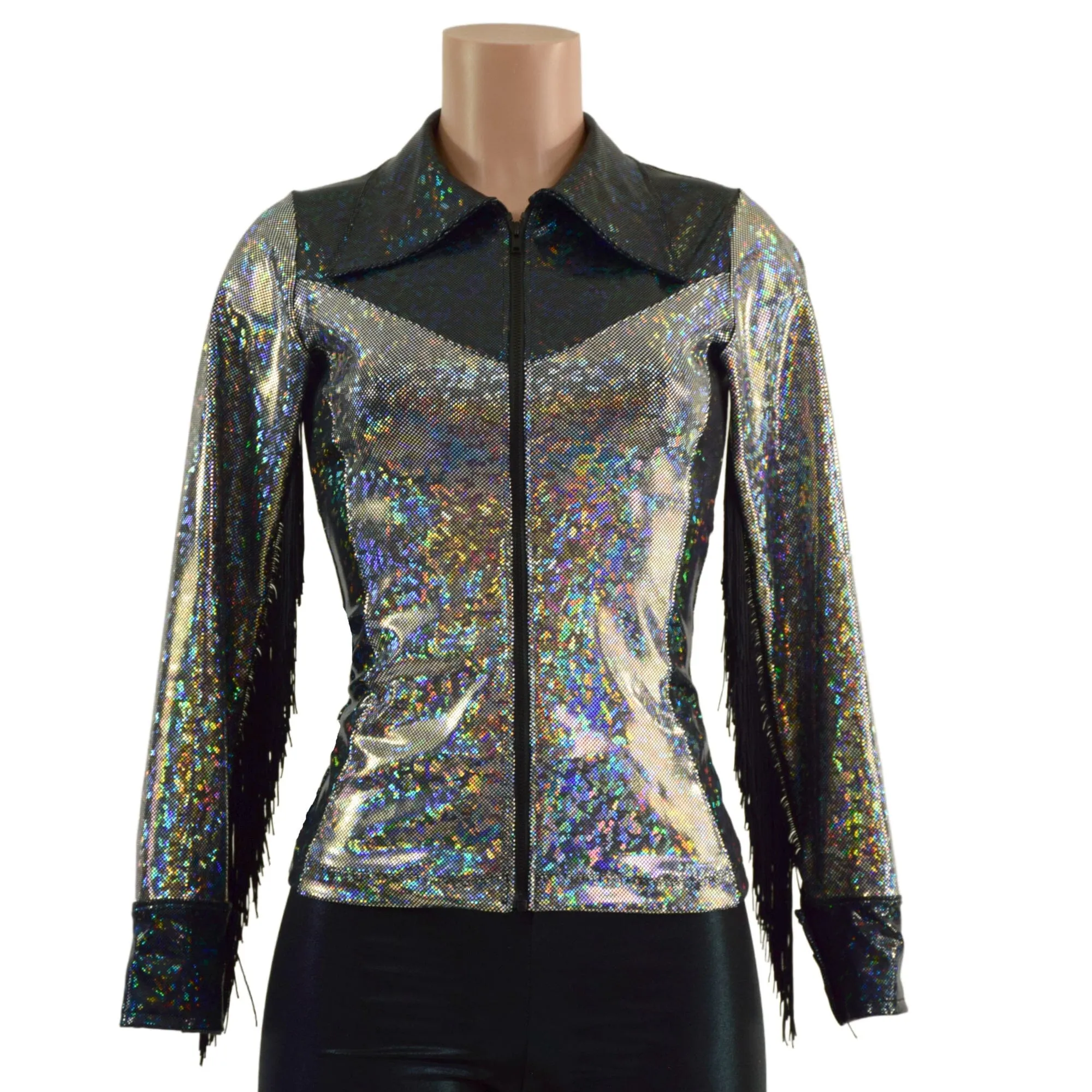 Silver and Black Kaleidoscope Rodeo Shirt with Fringe