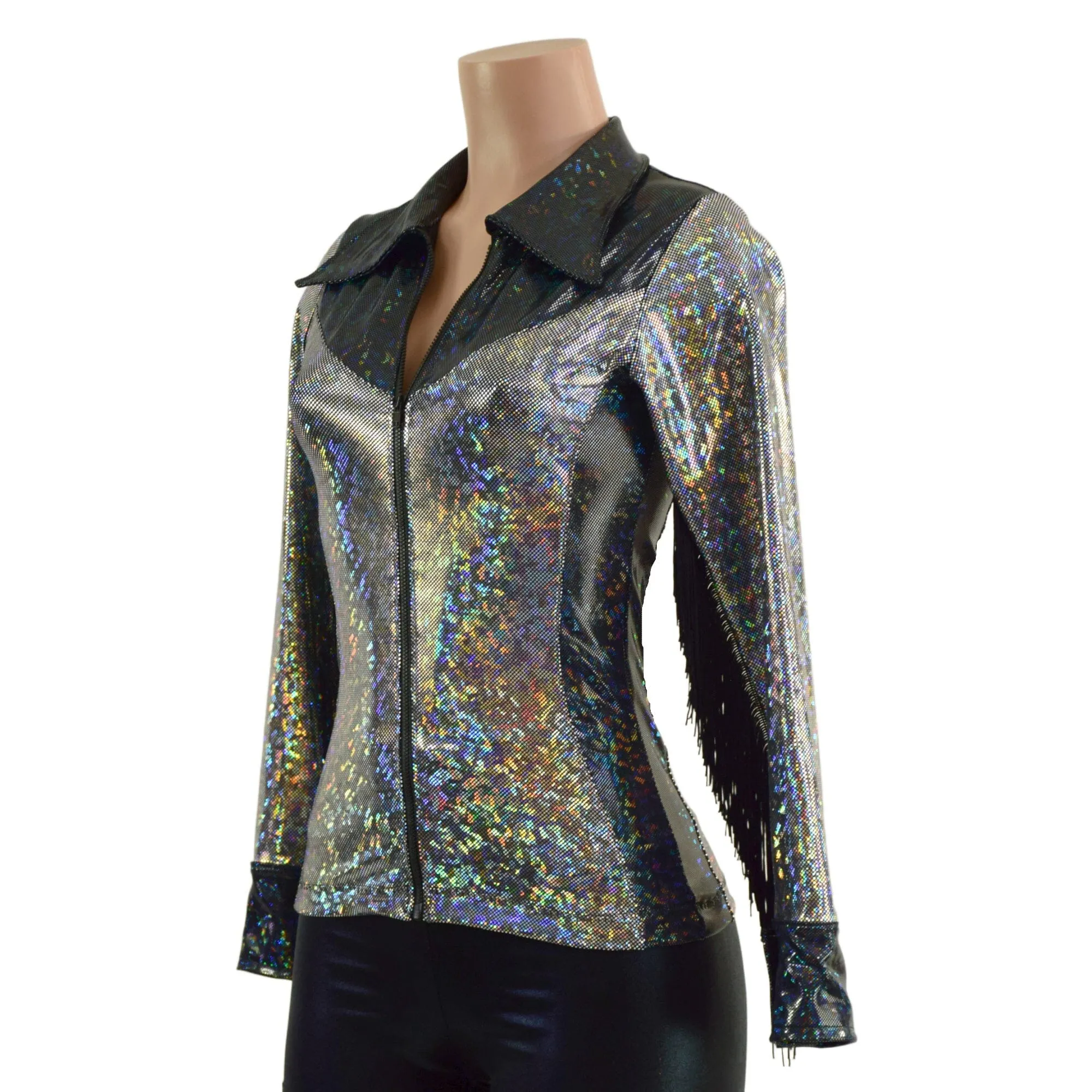 Silver and Black Kaleidoscope Rodeo Shirt with Fringe