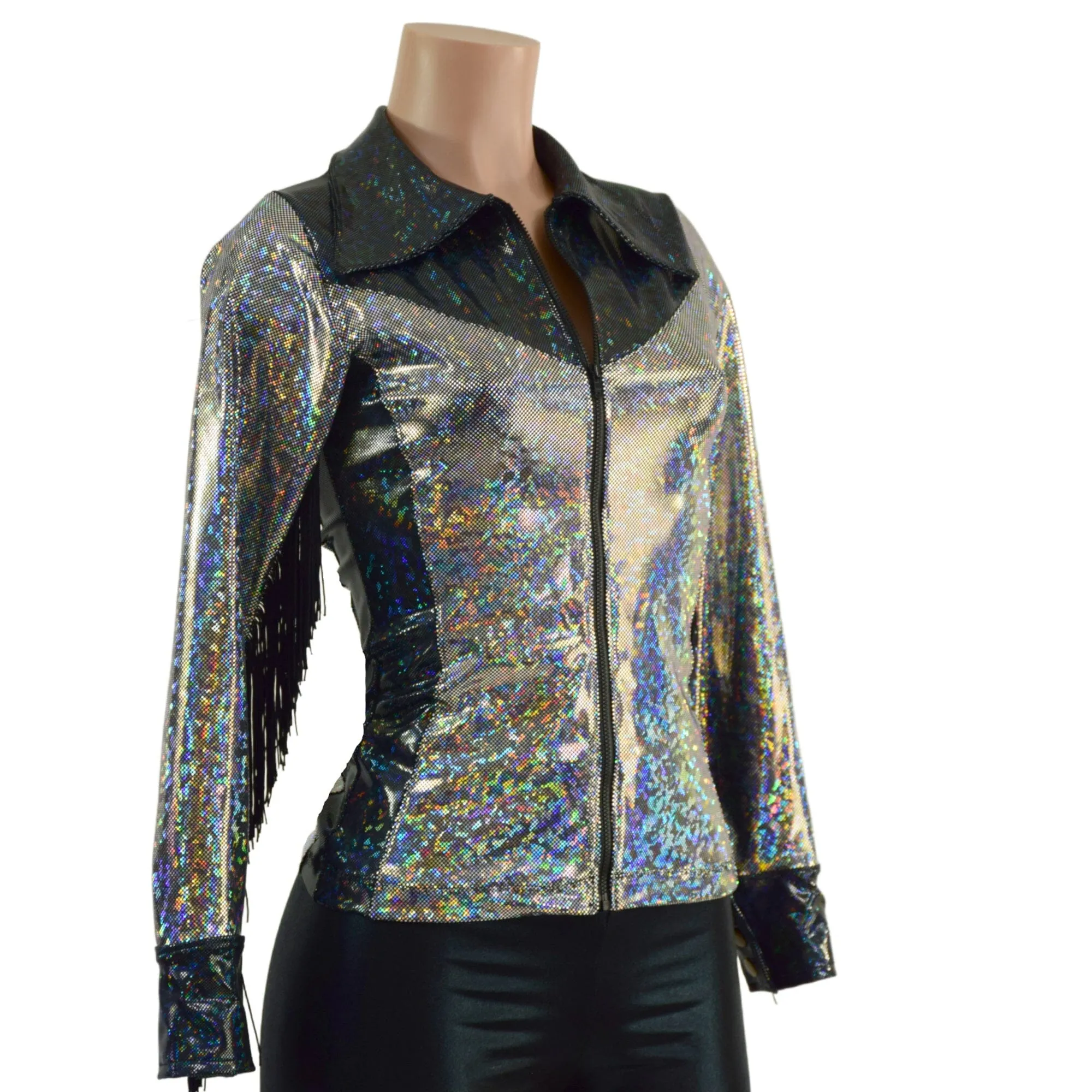 Silver and Black Kaleidoscope Rodeo Shirt with Fringe