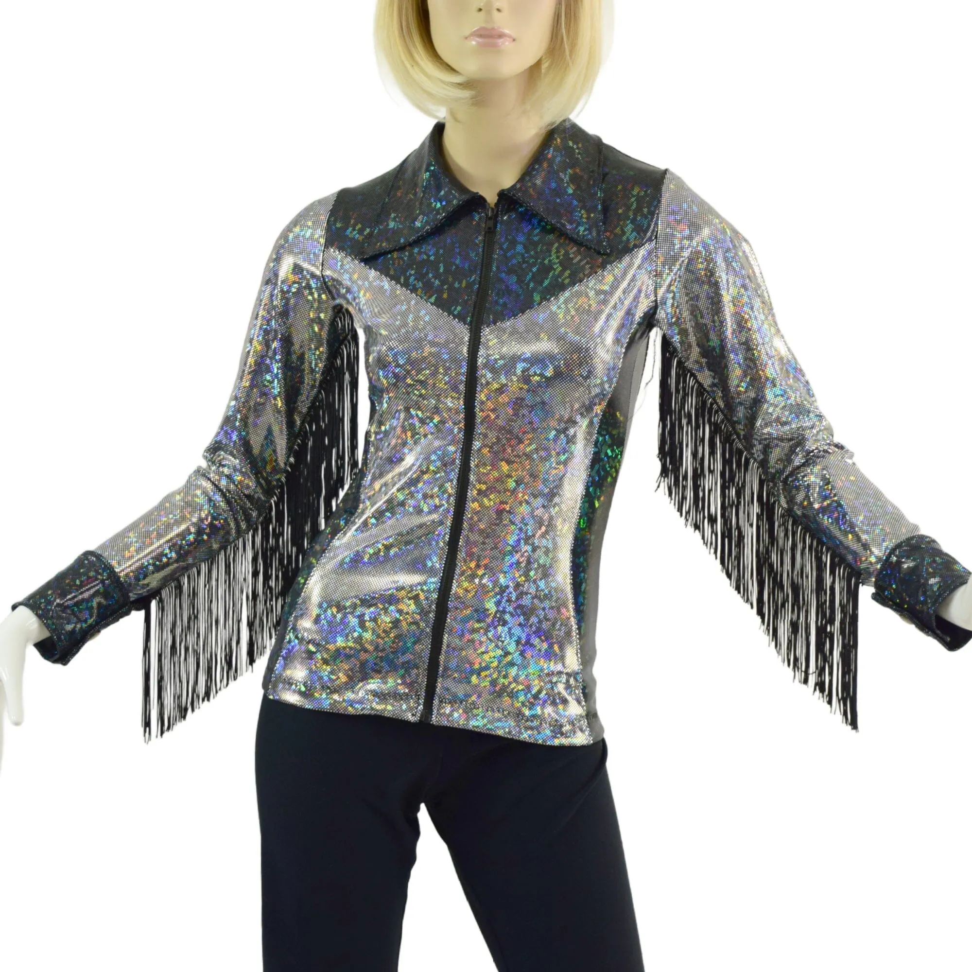 Silver and Black Kaleidoscope Rodeo Shirt with Fringe