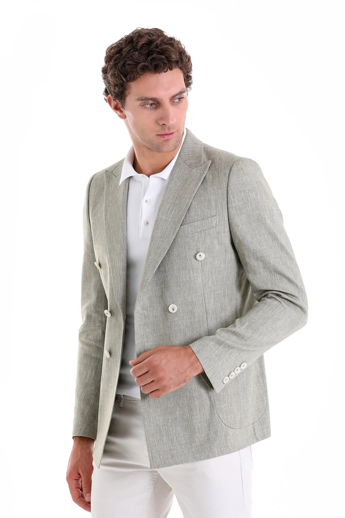 Slim Fit Double Breasted Olive Linen Casual Blazer