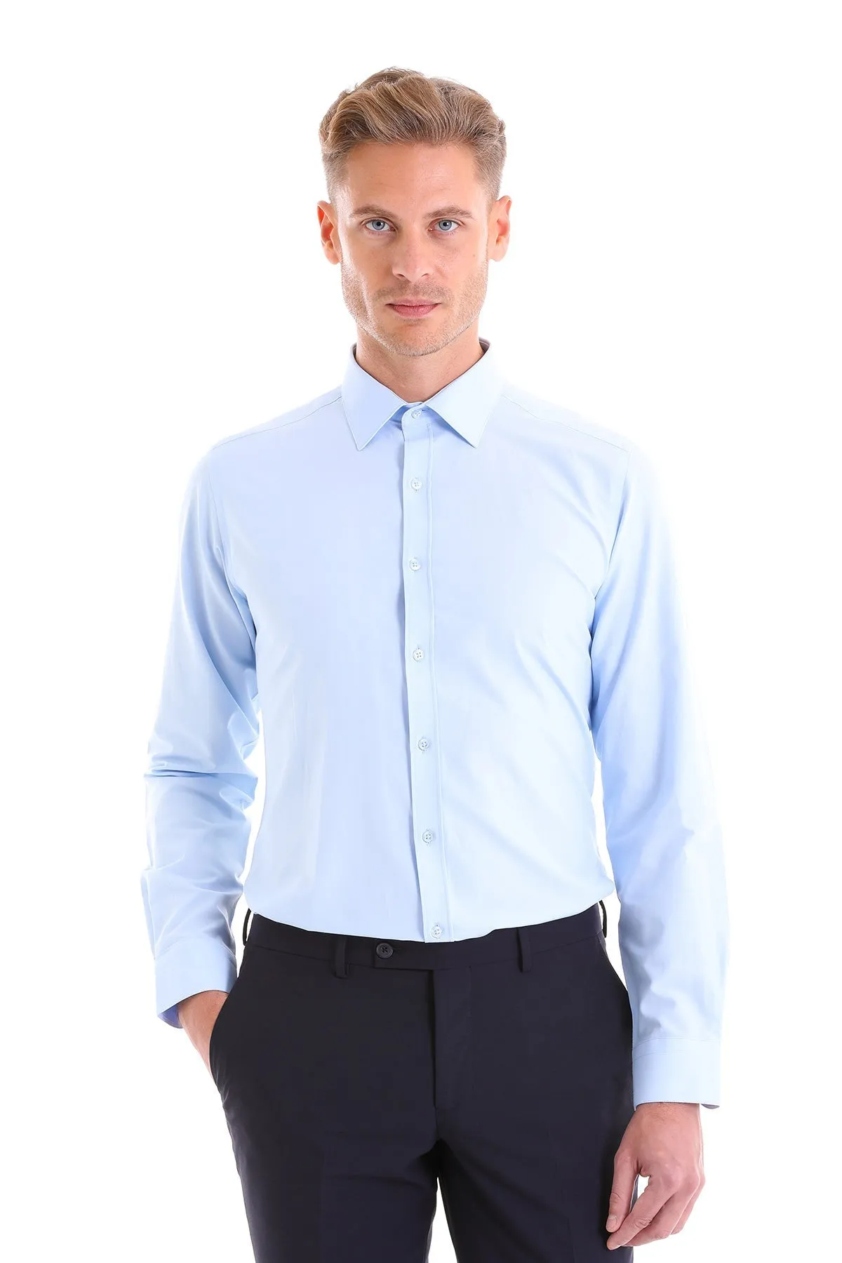 Slim Fit Light Blue Cotton Blend Dress Shirt