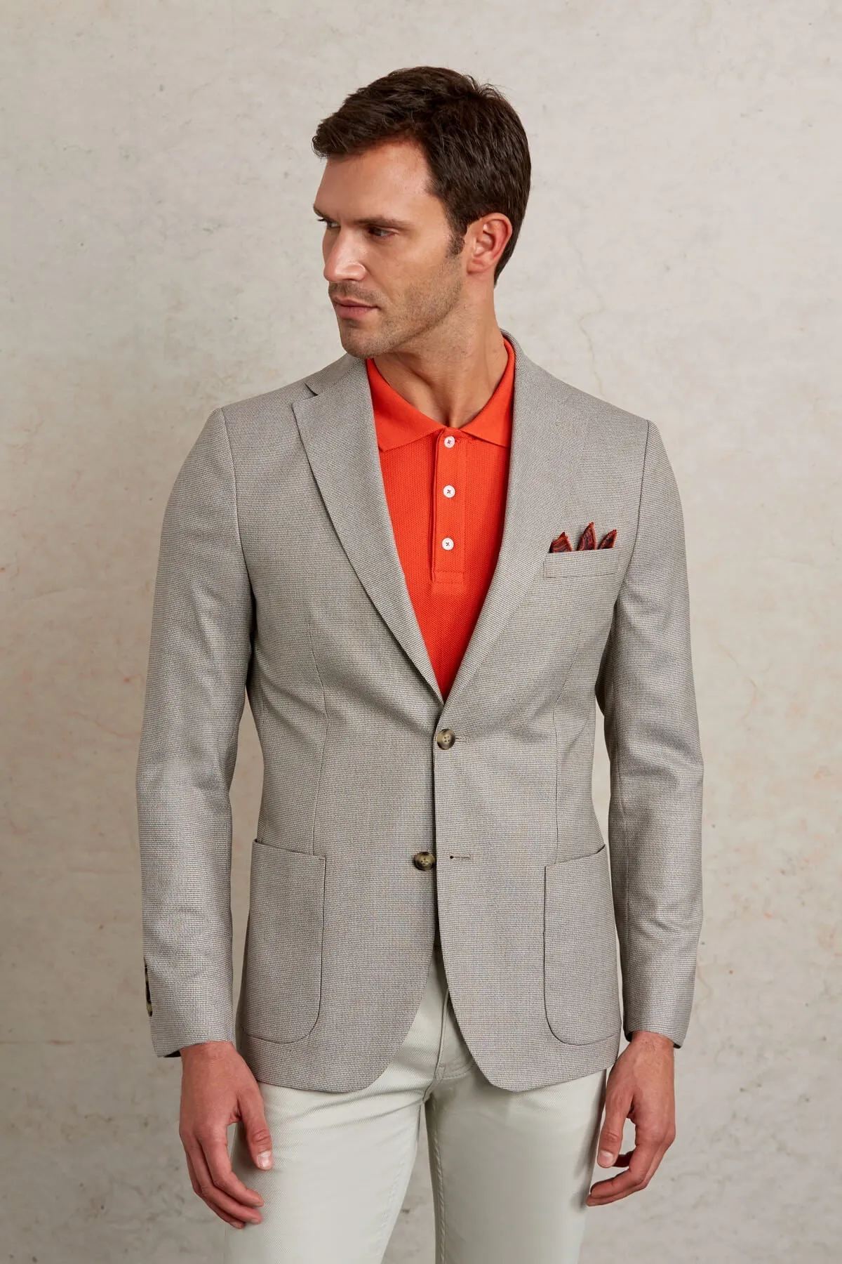 Slim Fit Notch Lapel Patterned Beige Casual Blazer, Beige D.