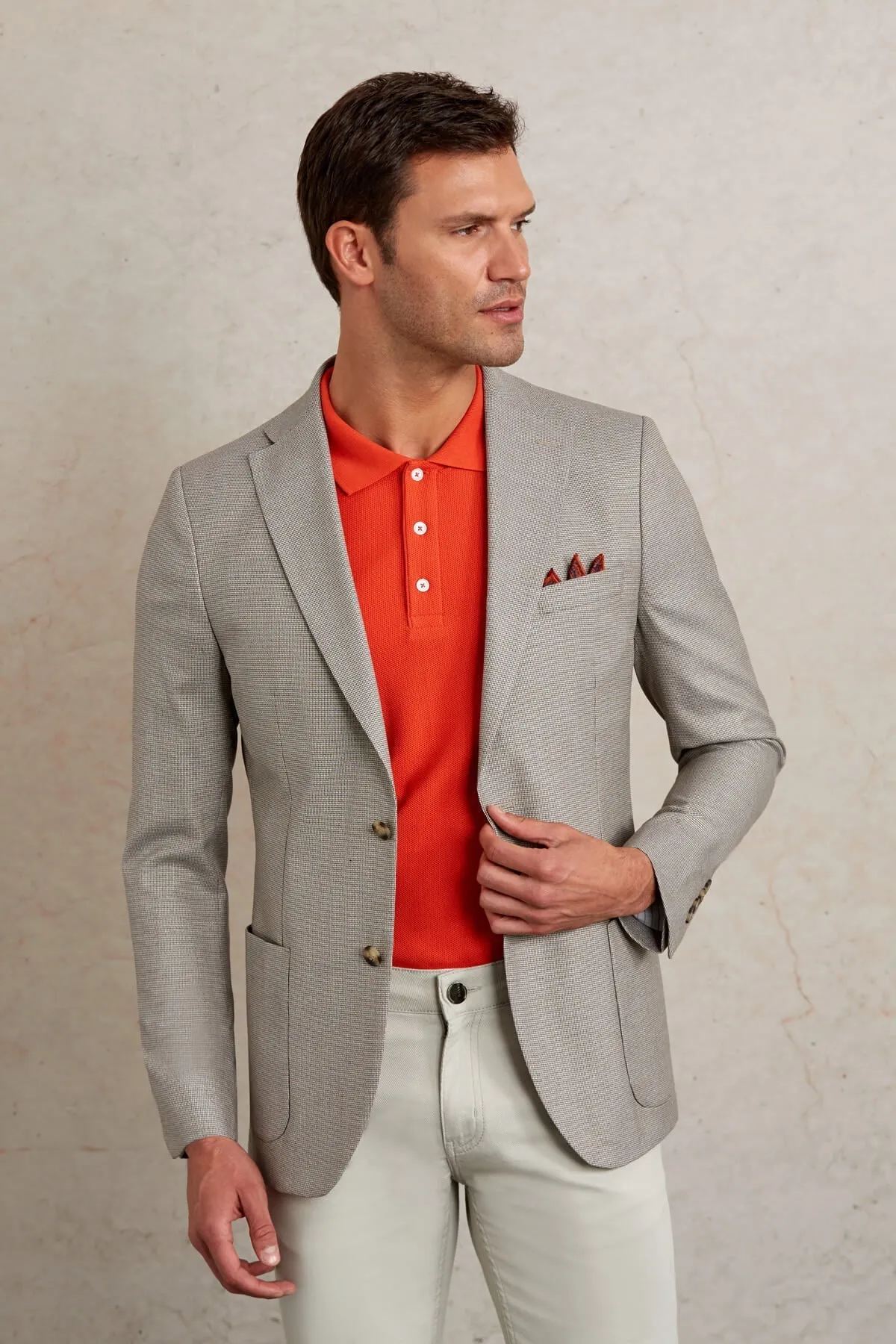 Slim Fit Notch Lapel Patterned Beige Casual Blazer, Beige D.