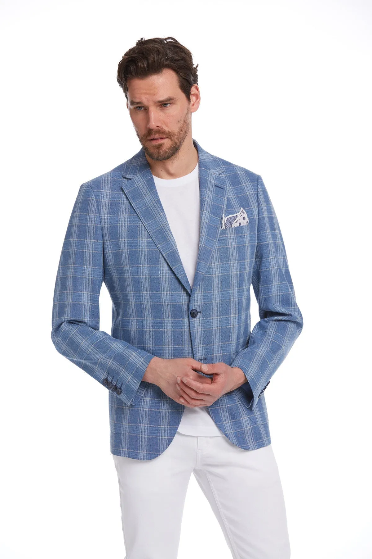 Slim Fit Plaid Wool & Linen Blend Blue Classic Blazer