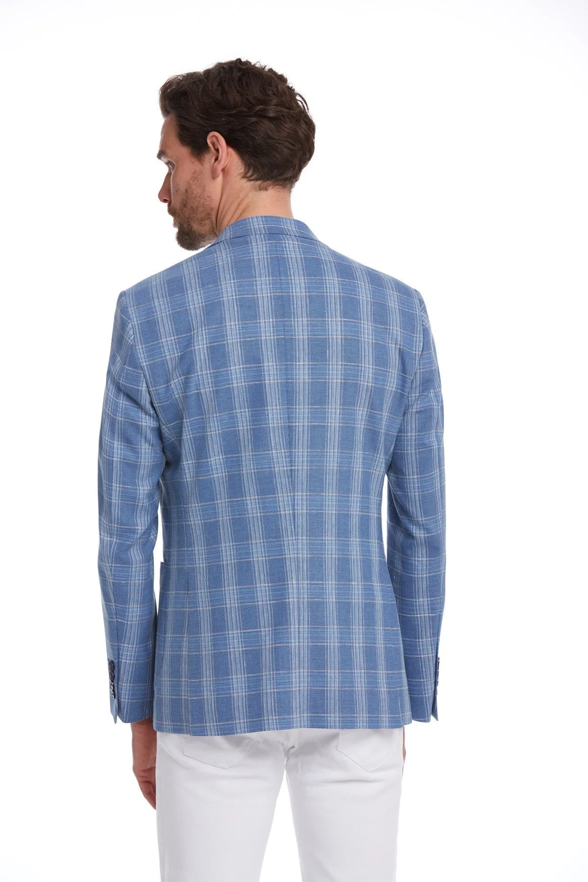 Slim Fit Plaid Wool & Linen Blend Blue Classic Blazer