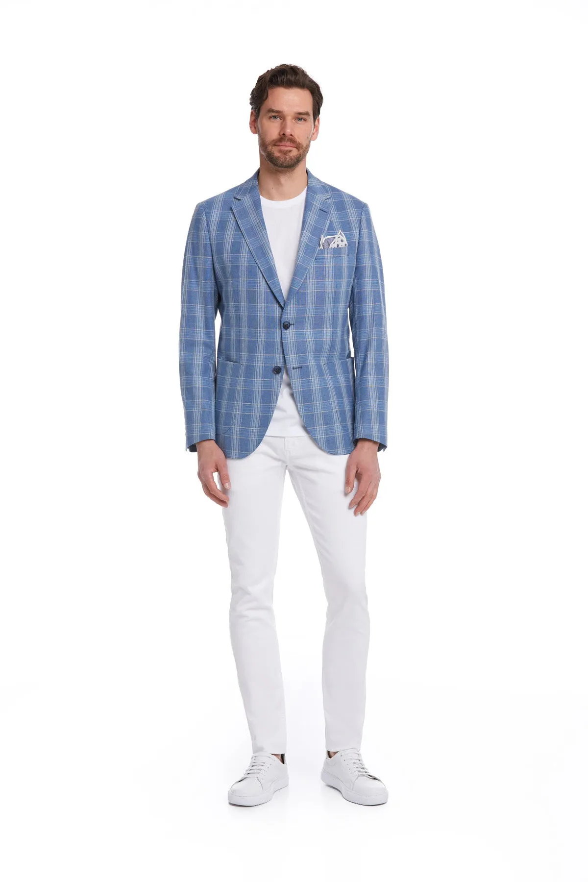 Slim Fit Plaid Wool & Linen Blend Blue Classic Blazer