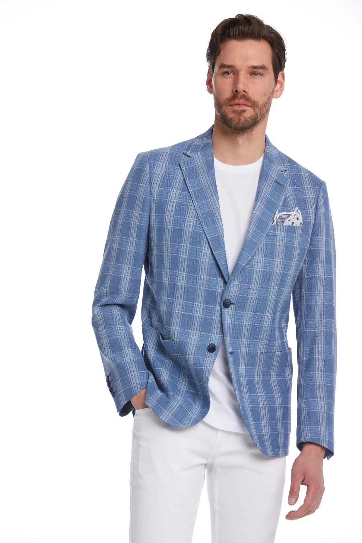 Slim Fit Plaid Wool & Linen Blend Blue Classic Blazer