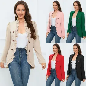 Solid Open Front Ruffle Trim Button Decor Blazer