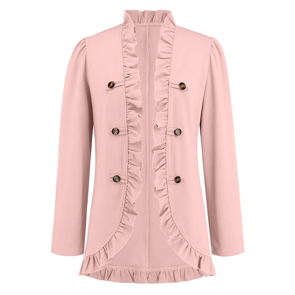 Solid Open Front Ruffle Trim Button Decor Blazer