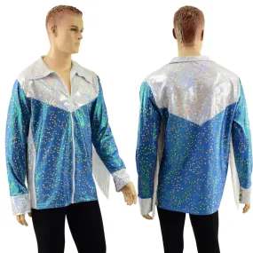 Stardust and White Kaleidoscope Mens Rodeo Shirt with Fringe