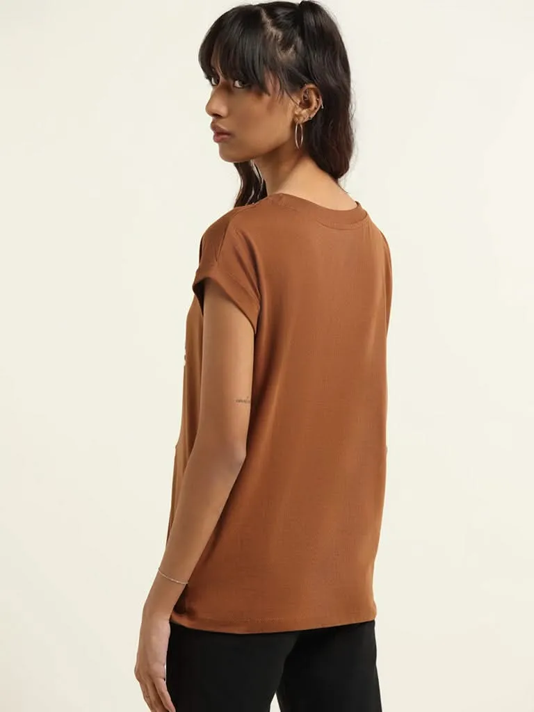 Studiofit Brown Printed Cotton T-Shirt