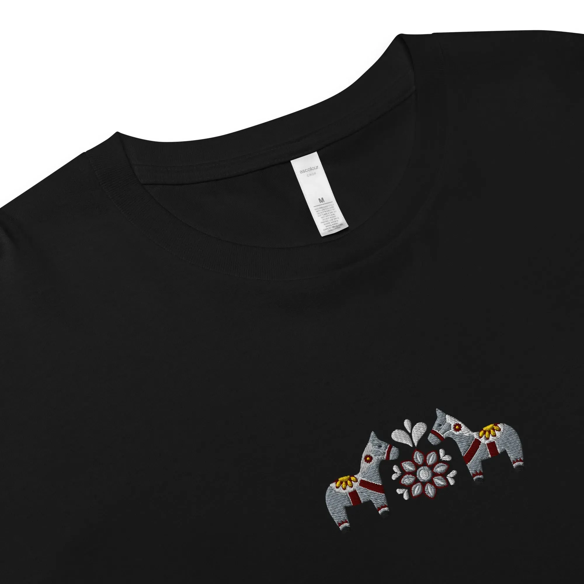 Swedish Gray Dala Horse Embroidered Cropped T-Shirt