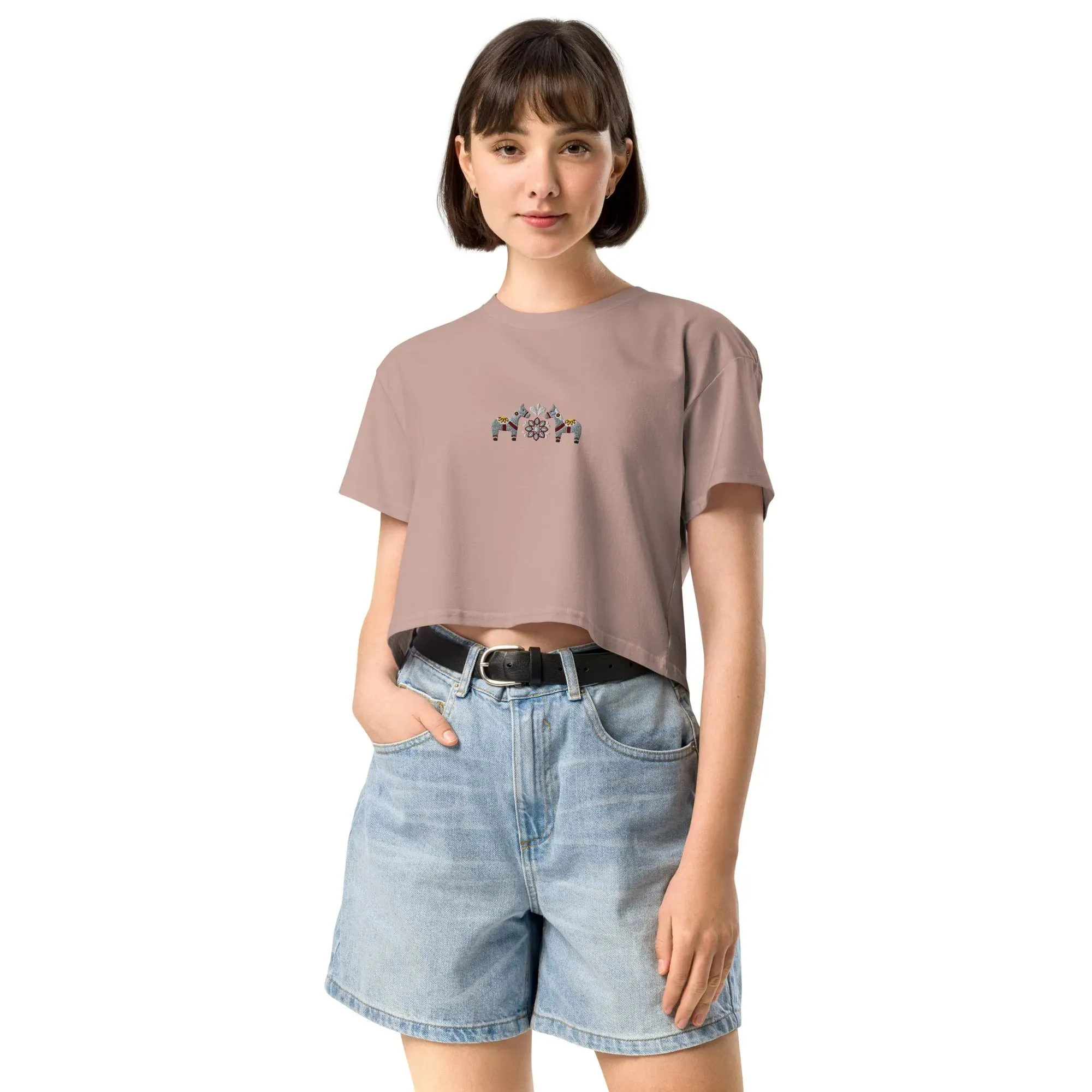 Swedish Gray Dala Horse Embroidered Cropped T-Shirt