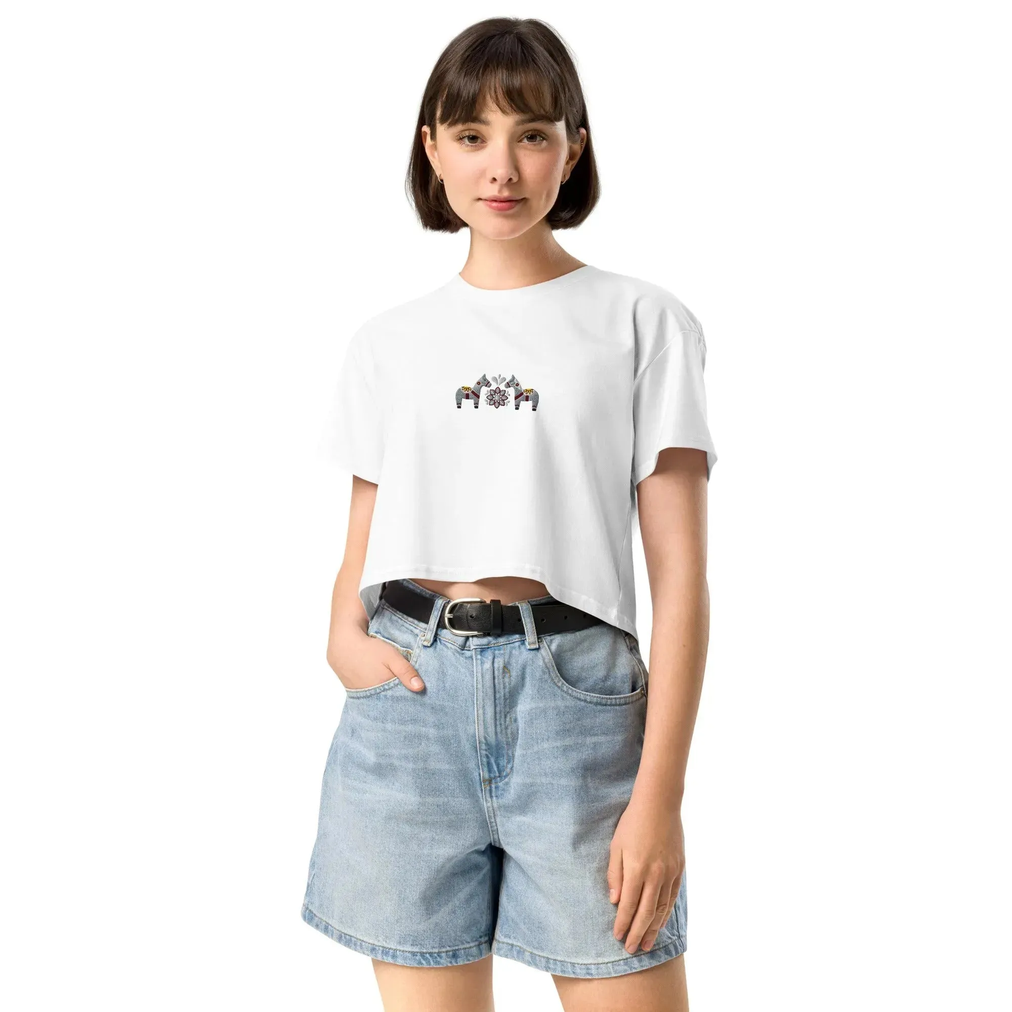 Swedish Gray Dala Horse Embroidered Cropped T-Shirt