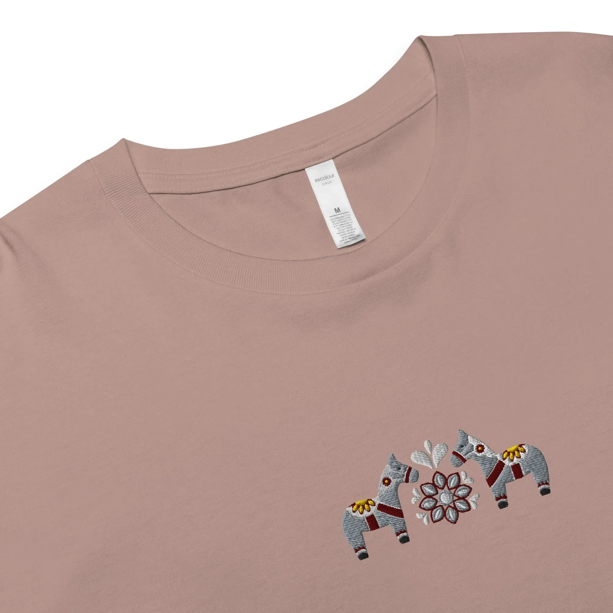 Swedish Gray Dala Horse Embroidered Cropped T-Shirt