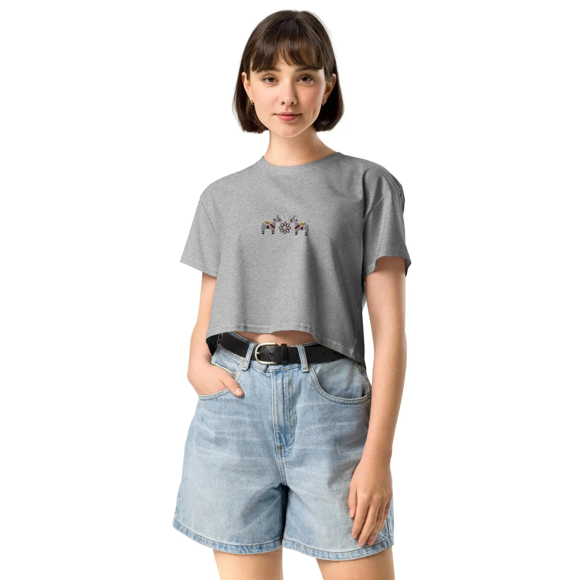 Swedish Gray Dala Horse Embroidered Cropped T-Shirt