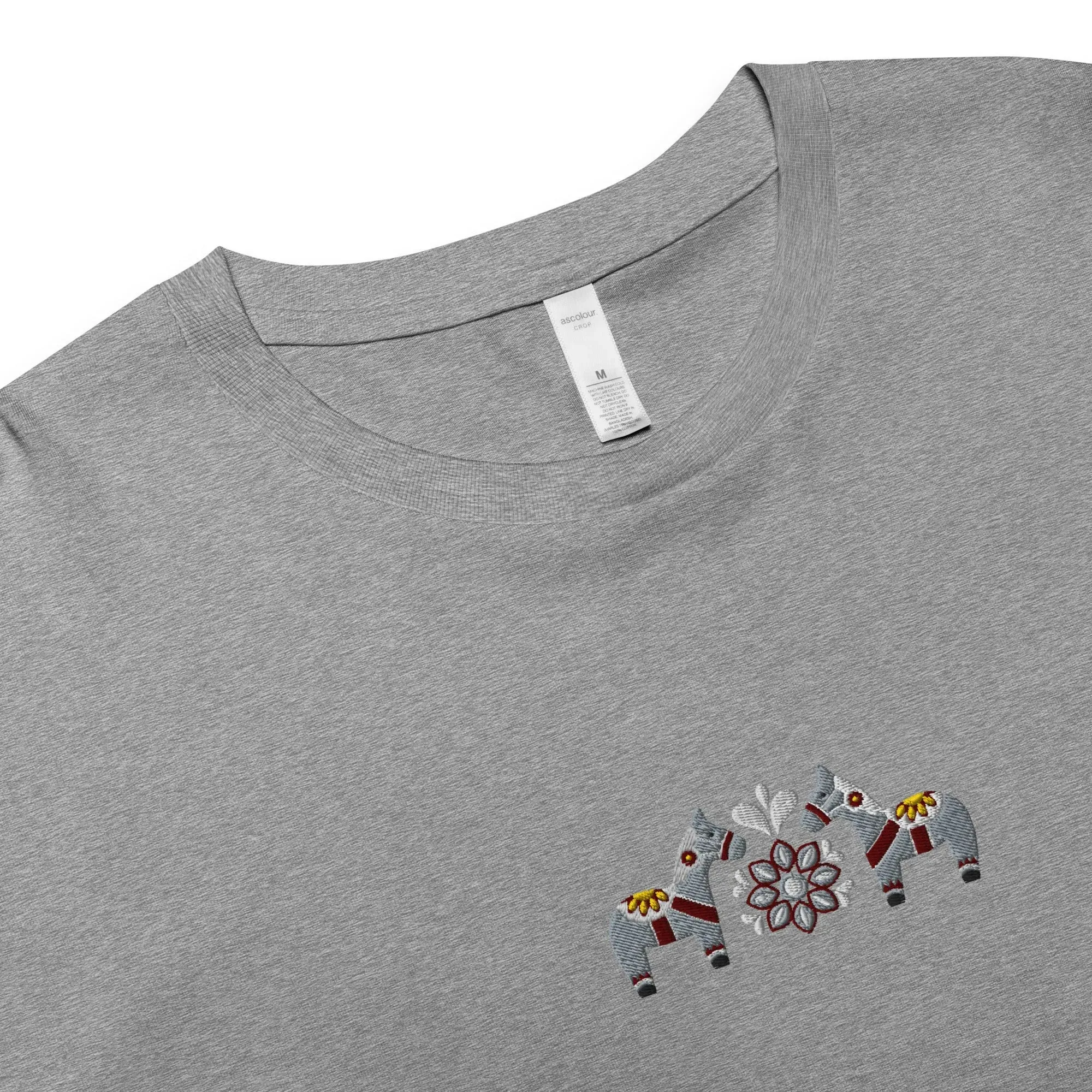 Swedish Gray Dala Horse Embroidered Cropped T-Shirt