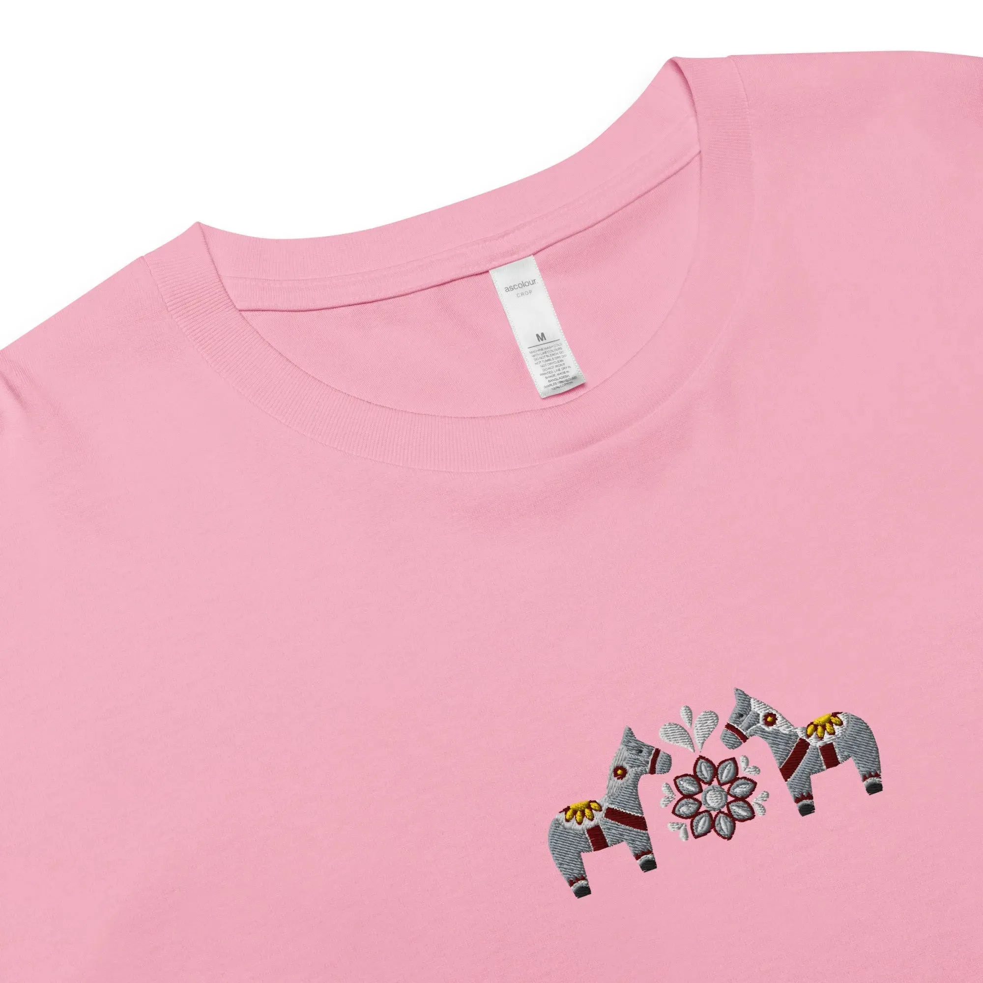 Swedish Gray Dala Horse Embroidered Cropped T-Shirt