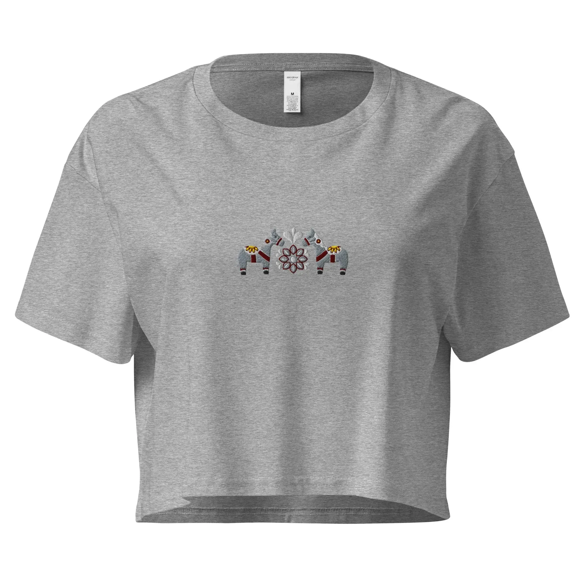 Swedish Gray Dala Horse Embroidered Cropped T-Shirt