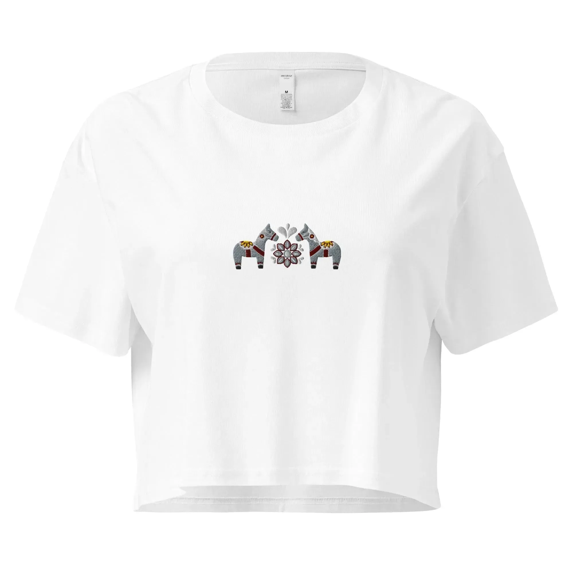 Swedish Gray Dala Horse Embroidered Cropped T-Shirt