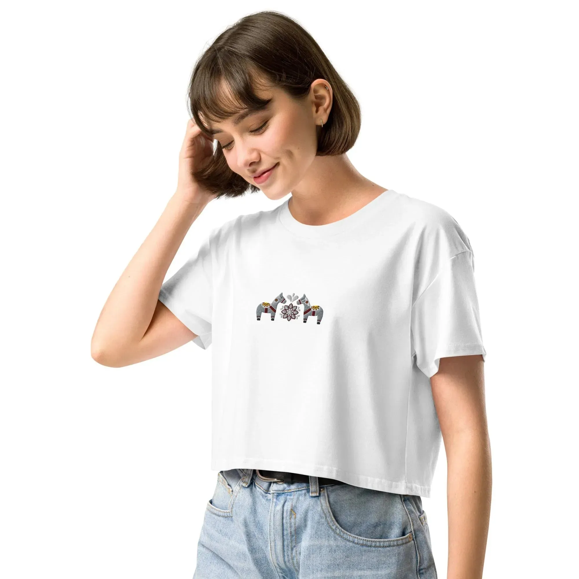 Swedish Gray Dala Horse Embroidered Cropped T-Shirt