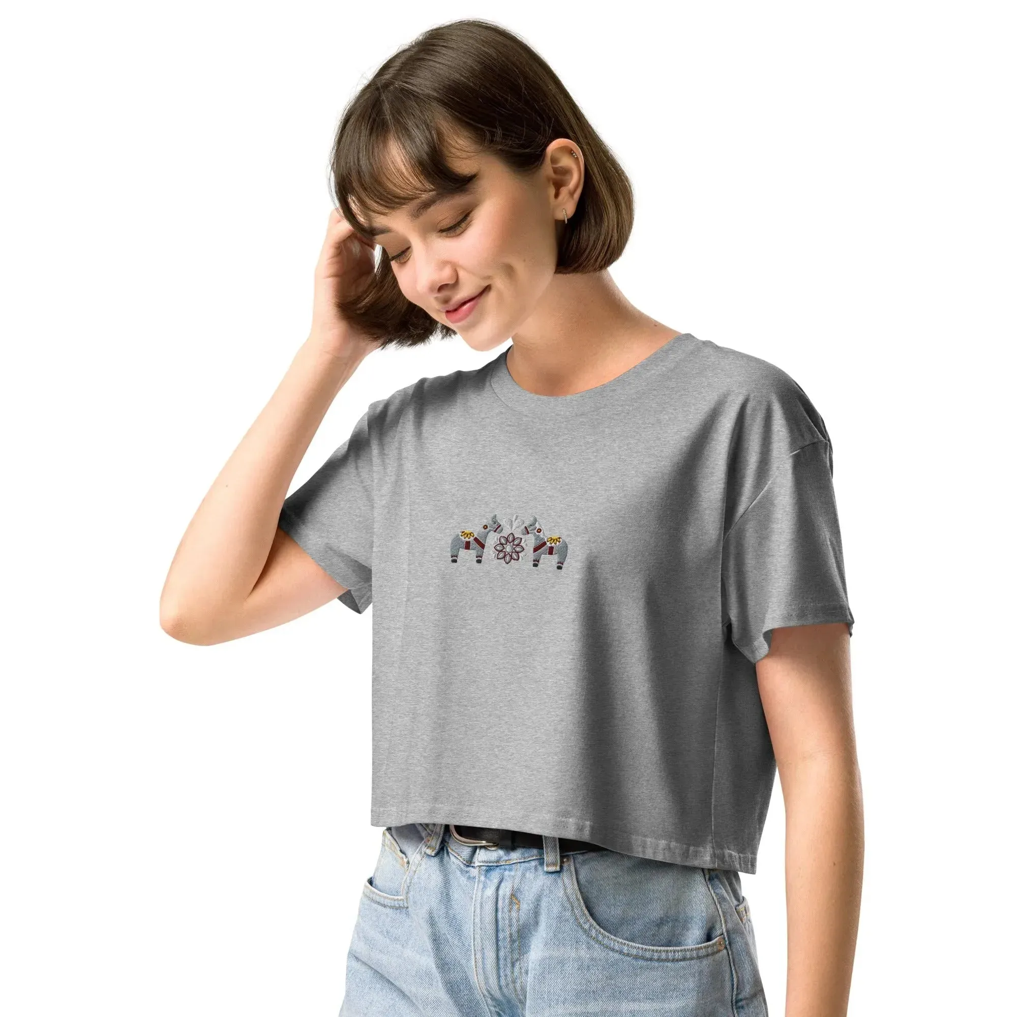 Swedish Gray Dala Horse Embroidered Cropped T-Shirt