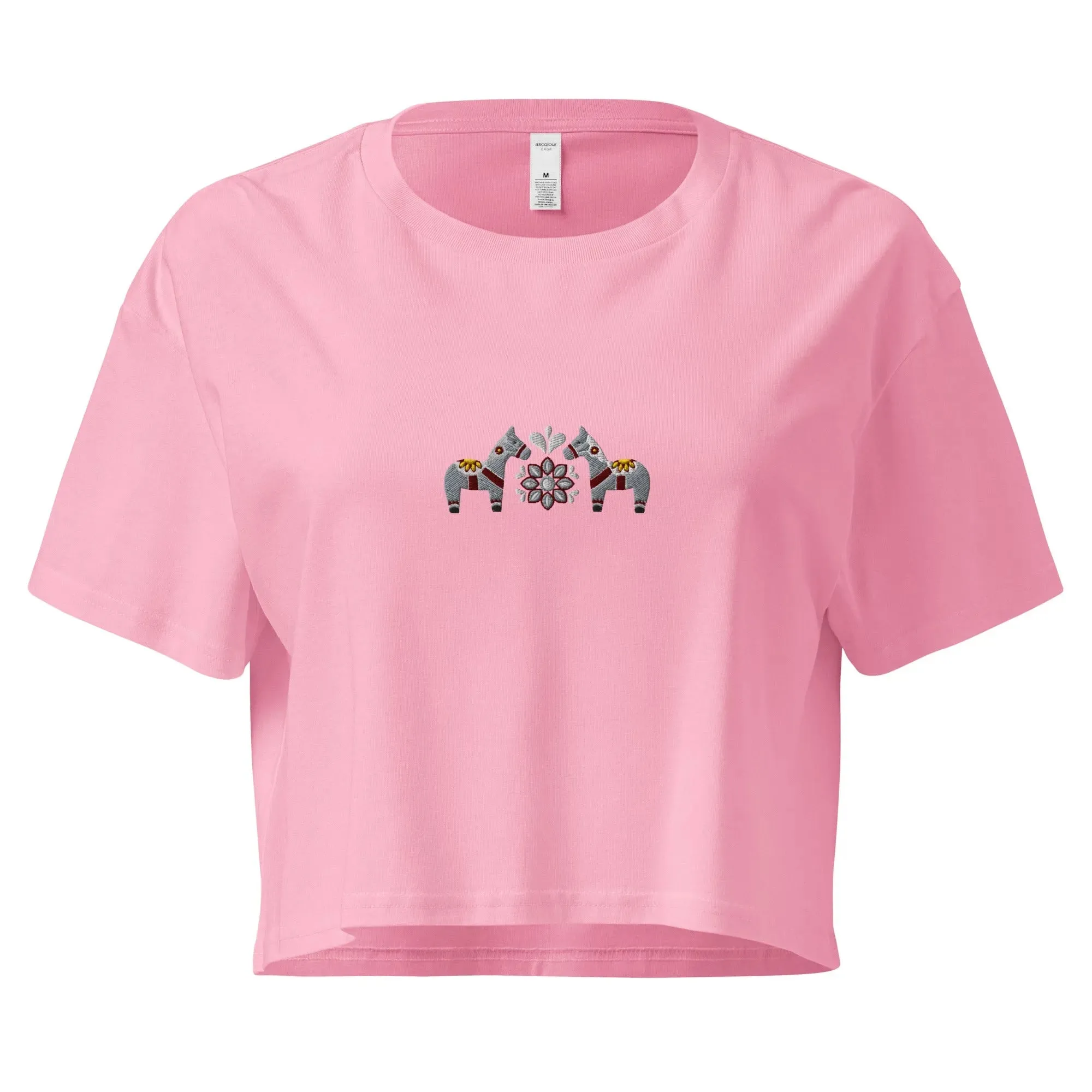 Swedish Gray Dala Horse Embroidered Cropped T-Shirt