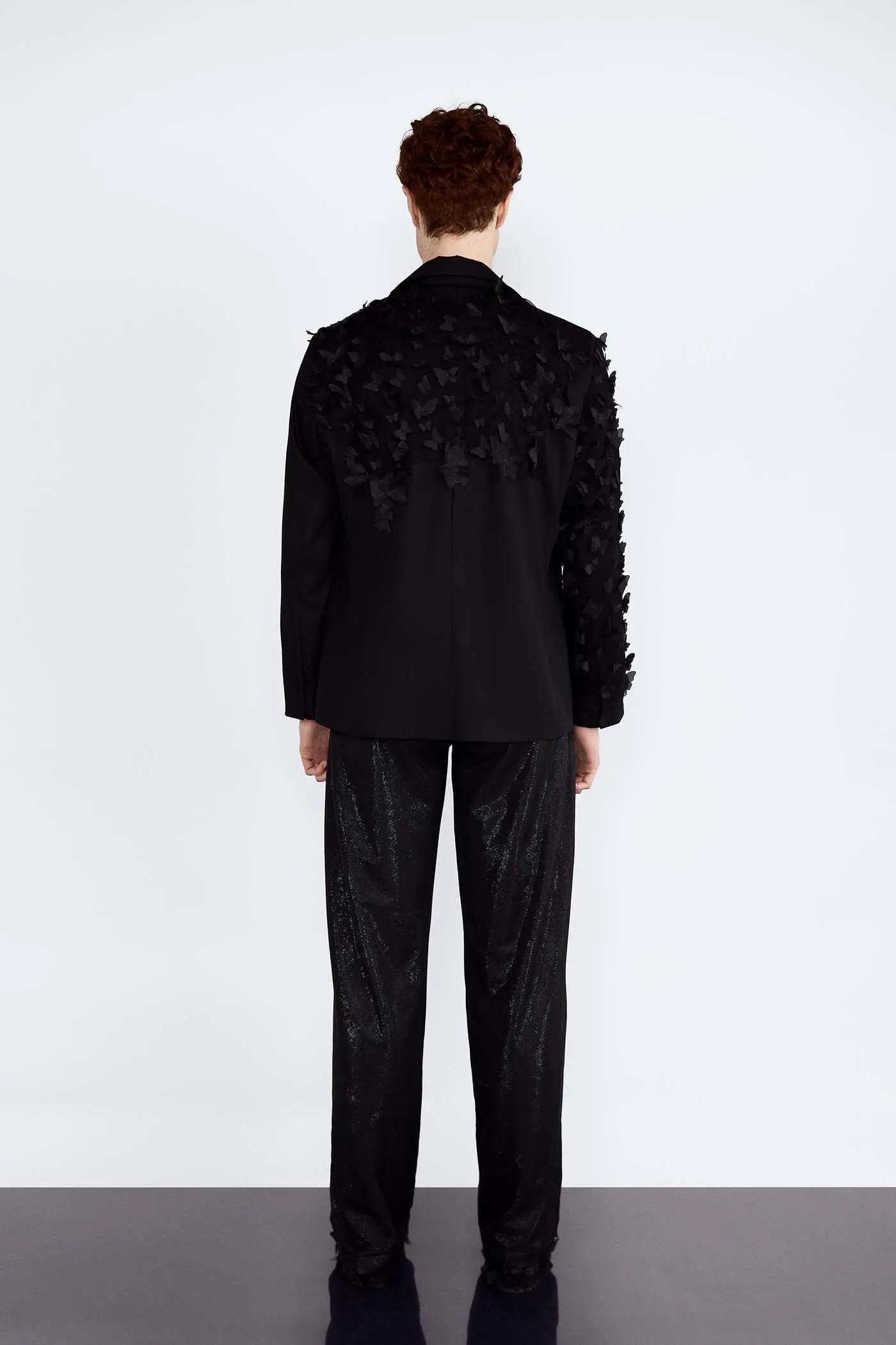 Tailored Blazer with Hand Applique Silk Black Moth