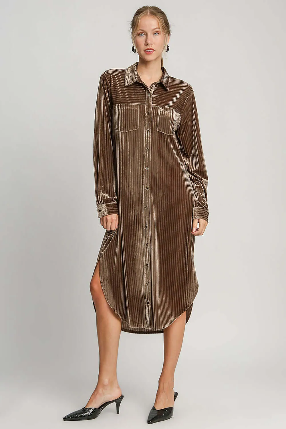 Umgee Texture Curved Hem Button Down Shirt Dress