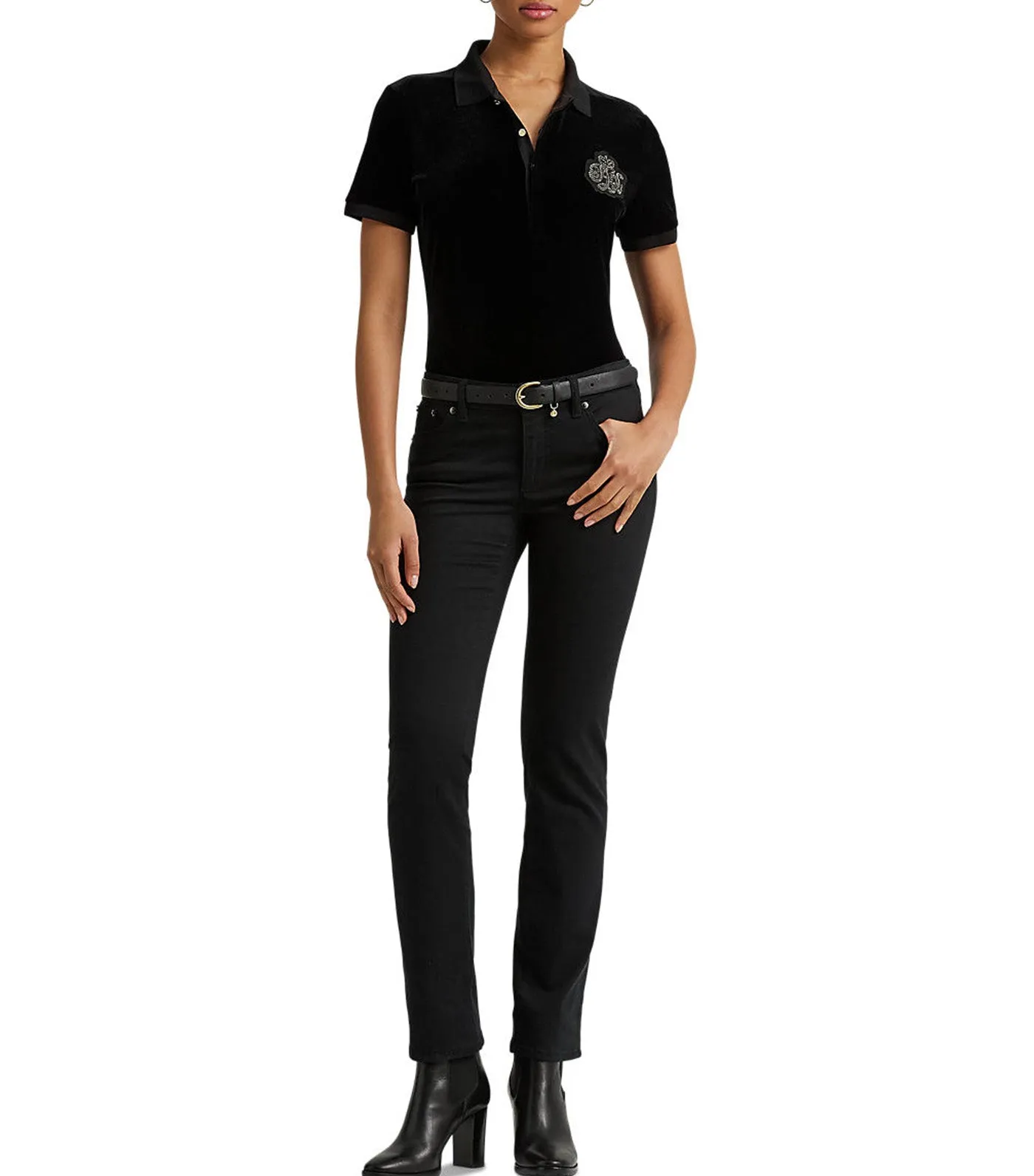 Women's Bullion Stretch Velvet Polo Shirt Black