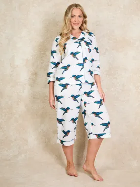 Womens Cotton Long Sleeve Capri Pyjamas White Hummingbird Print