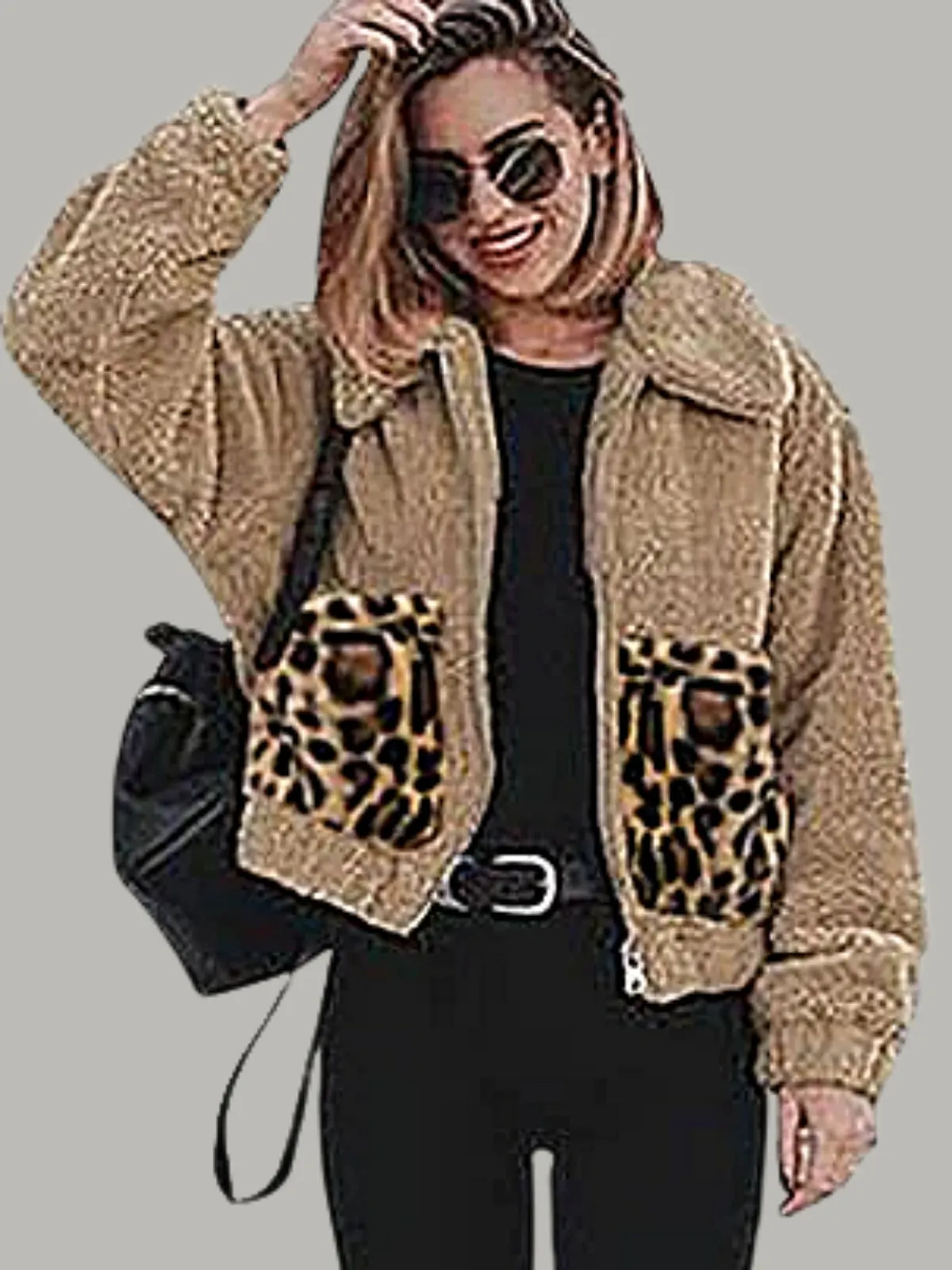 Women's Fluffy Fleece jacket with Leopard Pockets