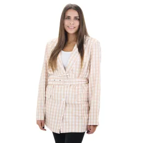 Women's Plaid Belted Blazer,Beige/White