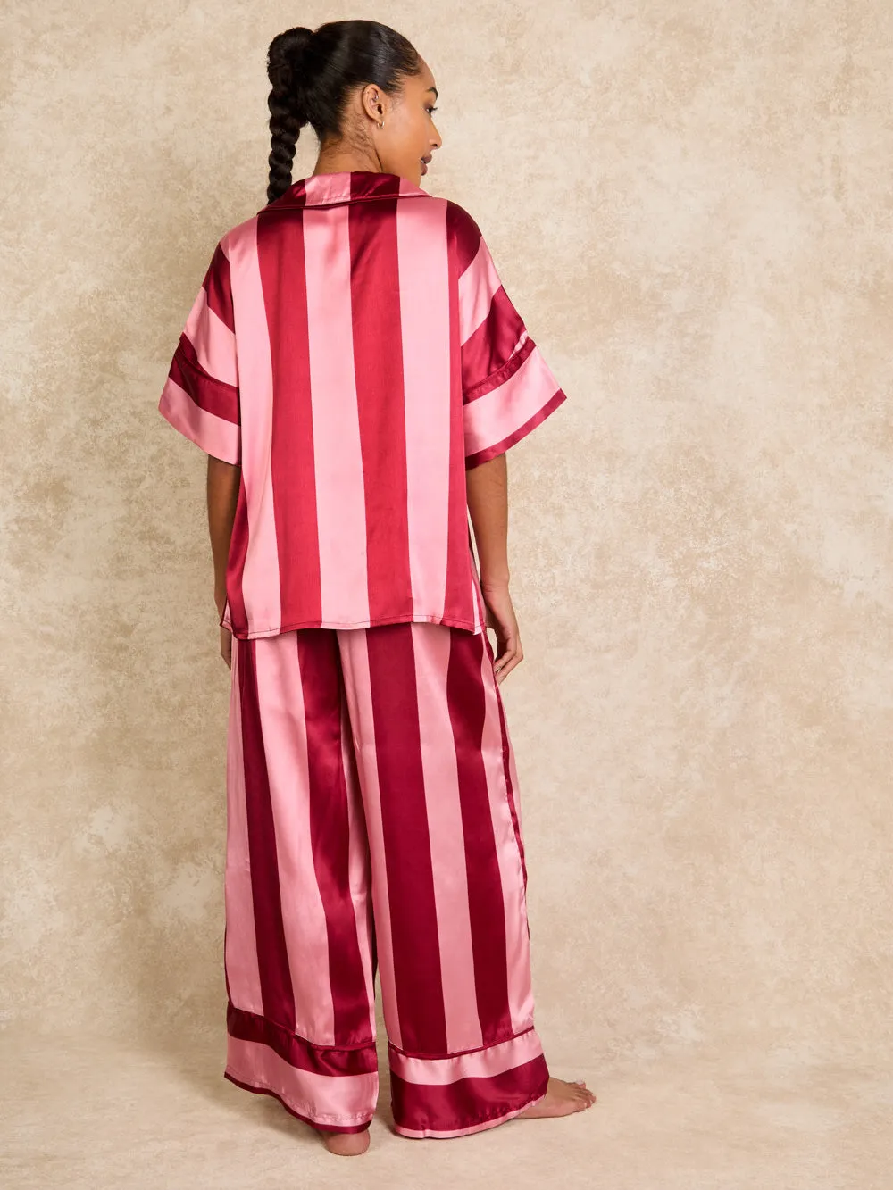 Womens Satin Oversize Stripe Pyjamas Pink