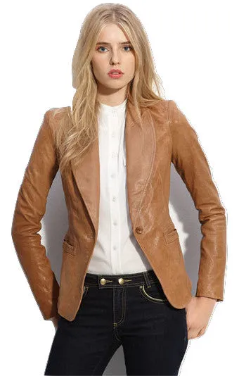 Womens Tapered Tan Leather Blazer Awesome Lambskin