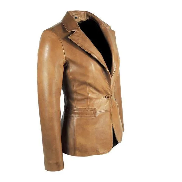 Womens Tapered Tan Leather Blazer Awesome Lambskin