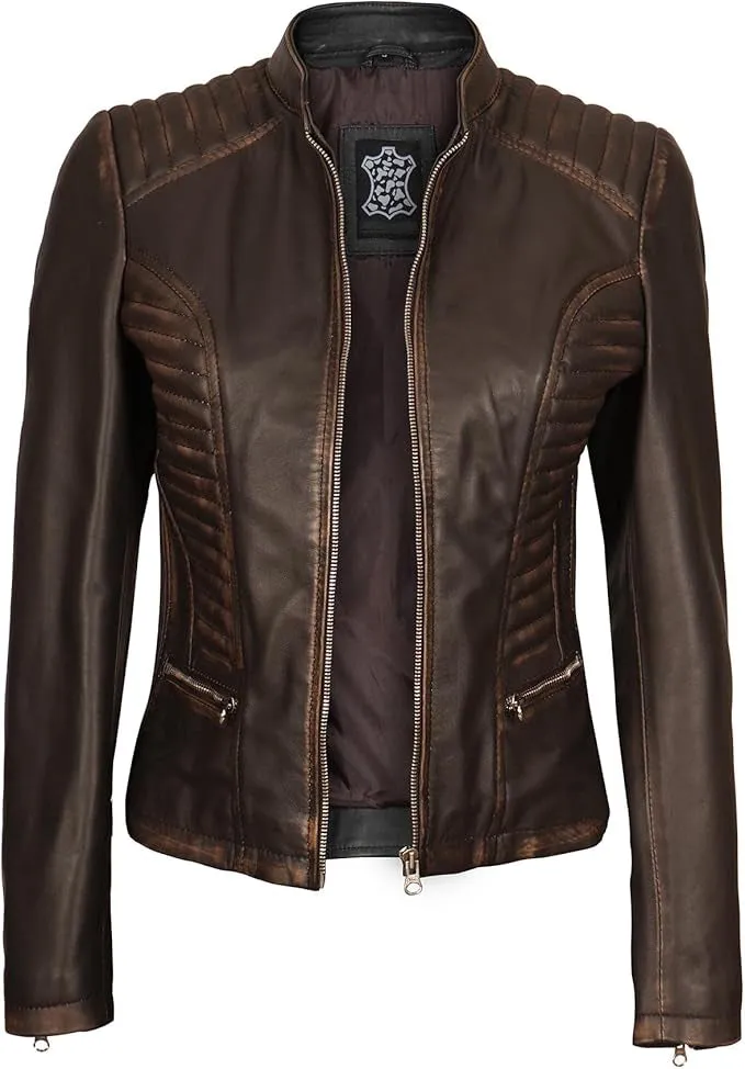 Women's Vintage Quilted Distressed Brown Leather Jacket WD05